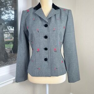 Vintage Halmode Petites Blazer‎ Jacket Womens 6 Gray Embroidered Business Casual